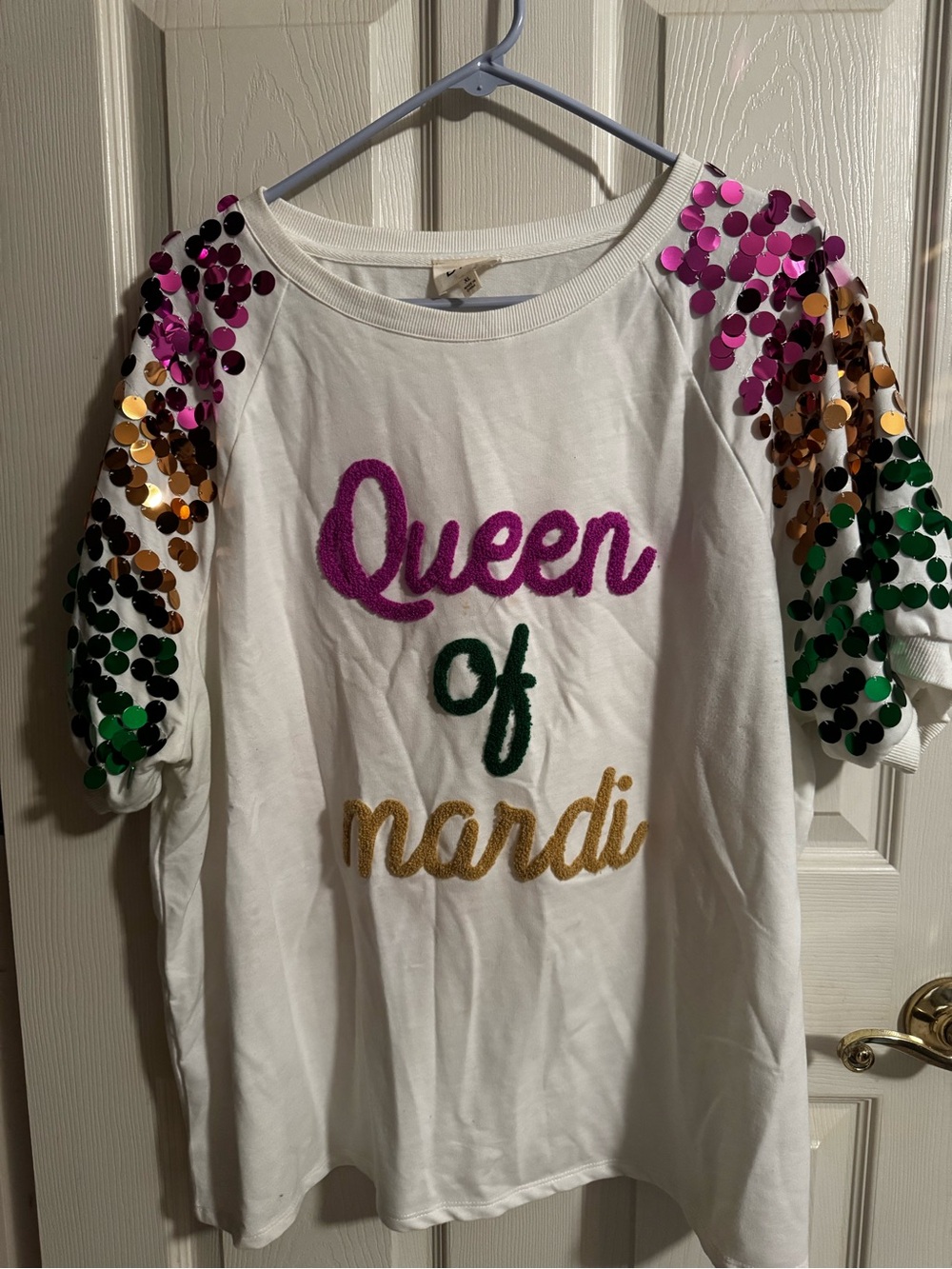 BiBi White Tee with Pink, Green & Gold Sequined Sleeves - Queen of Mardi